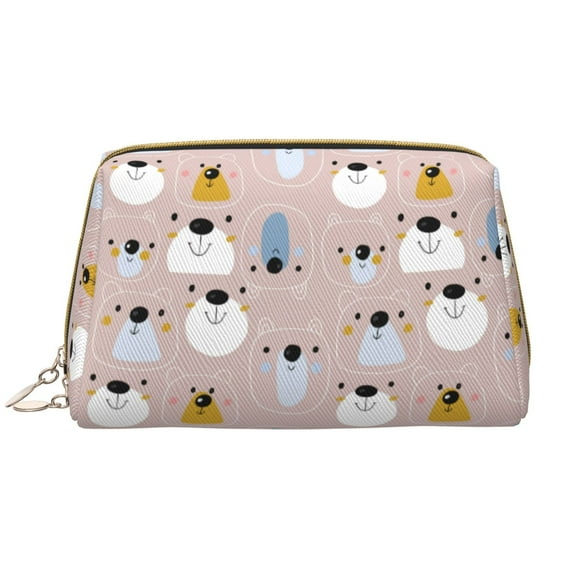 Picia Cute Hand Drawn Bear Print Leather Makeup Bag Make Up Bag Travel Toiletry Bag for Her Girlfriend Teacher Teen Girl Gifts
