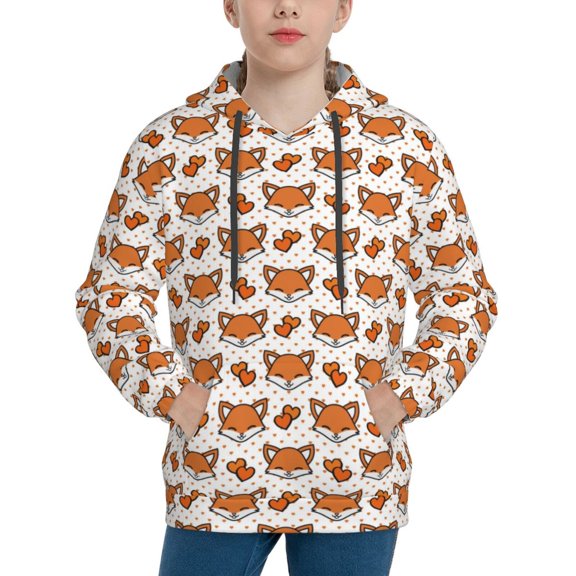 Picia Cute Heart Fox Cartoon Pattern Youth Hoodie - Warm Pullover Sweatshirt with Kangaroo Pocket, Ideal for Boys and Girls-Small