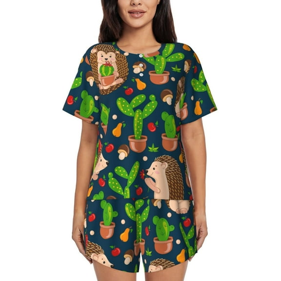 Picia Cute Hedgehogs Cactus Blue Pajamas Sets for Women Soft Short-Sleeved Pjs with Lounge Shorts Two Piece Sleepwear-Small