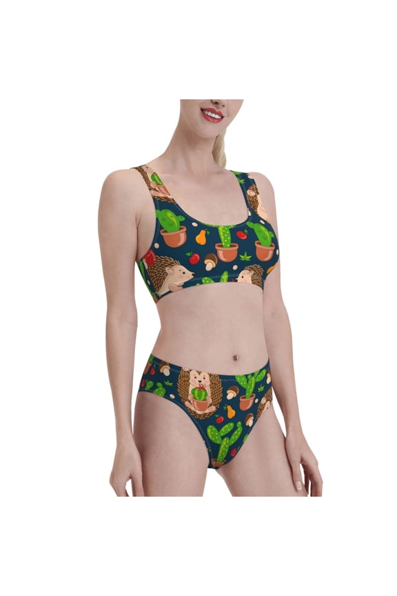 Cute Hedgehogs Cactus Blue Women's High Waisted Bikini Scoop Neck Swimsuit Two Pieces Bathing Suit-Medium