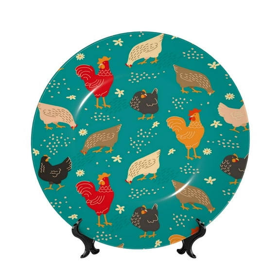 Picia Cute Hens And Rooster Pattern Bone China Decorative Plate – Wall Decor with Stand and Adhesive, Elegant Ornament for Living Room, Office, or Entryway-7in