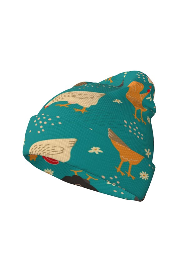 Cute Hens And Rooster Pattern Knitted Beanie Hat for Men and Women , Unisex Winter Warm Stretchy Knit Cap Thick Fisherman Beanies Cuffed Plain Skull Caps