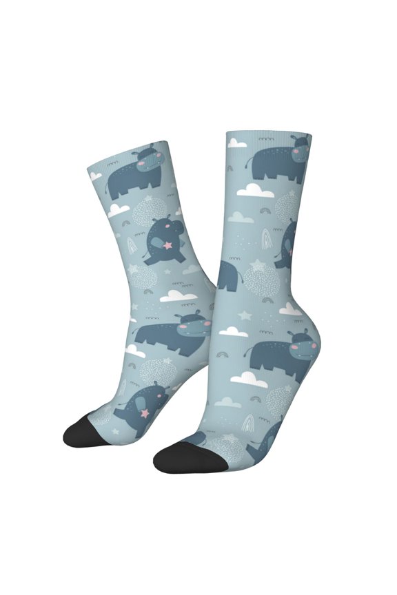 Cute Hippopotamus Print Athletic Socks for Men & Women – Cushioned Moisture-Wicking Crew Socks for Sports, Running, and Training, Soft & Breathable Size 5-11