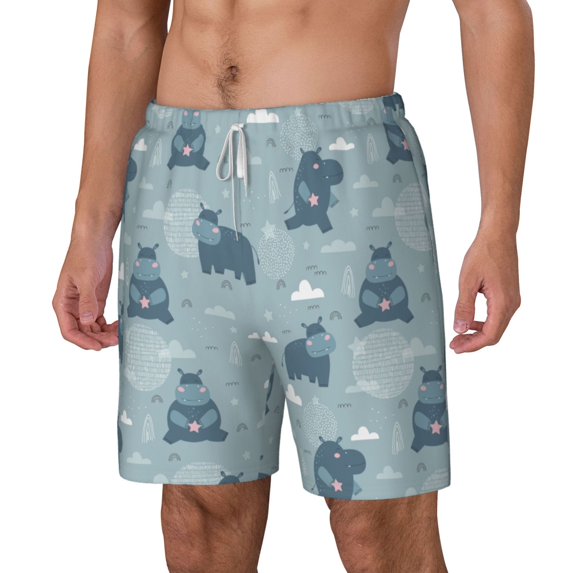 Picia Cute Hippopotamus pattern Mens Swim Trunks with Compression Liner Stretch Beach Shorts Quick Dry with Zipper Pockets No-Chafing Board Shorts-XX-Large