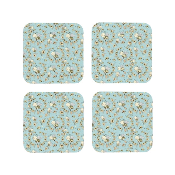 Picia Cute Honeybees Printed Leather Coasters for Drinks, 4" Drink Coasters Set of 4 for Tabletop Protection, Handmade Luxurious Home Décor and Housewarming Gift -Square