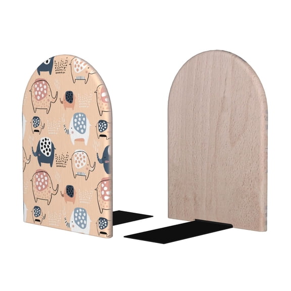 Picia Cute Ink Drawn Elephants Pattern Wood Bookends for Shelves,Non-slip Bookends, Heavy Duty Wooden Bookend Support,1 Pair