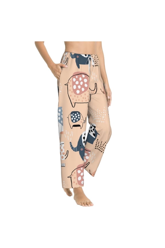 Cute Ink Drawn Elephants Womens Soft Woven Cotton Elastic Waistband Sleep Pajama Pant Lounge Sleep Pant With Pockets And Drawstring-X-Large