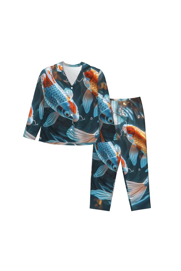 Cute Koi Fish Serenity Pattern Women’s Long-Sleeve Sleepwear Set - Soft 2-Piece Loungewear with Pockets, Comfy PJs for Relaxing Nights-X-Large