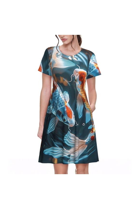Cute Koi Fish Serenity Pattern Women's Short Sleeve Summer Dress Pleated Loose Swing Knee Length Short Sleeve Swing Dresses