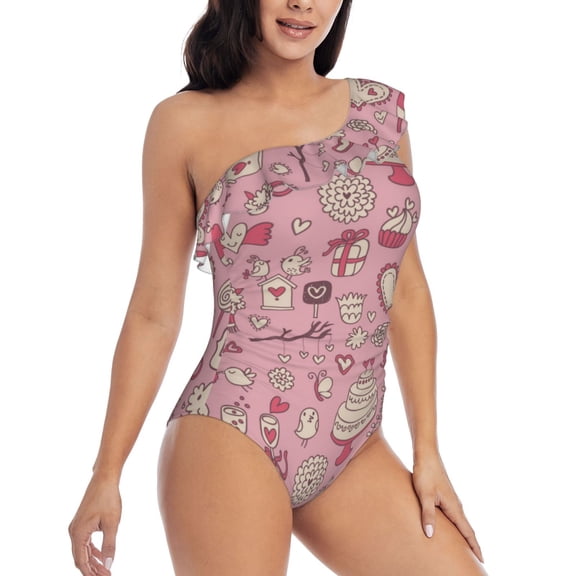 Picia Cute Love Pattern Women's One Piece Swimsuits,One Shoulder Swimwear Asymmetric ,Ruffle Monokinis Bathing Suits,High Waisted Flattering Bathing Suits-Medium