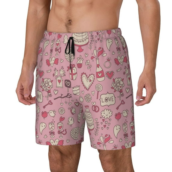 Picia Cute Love pattern Mens Swim Trunks with Compression Liner Stretch Beach Shorts Quick Dry with Zipper Pockets No-Chafing Board Shorts-Small