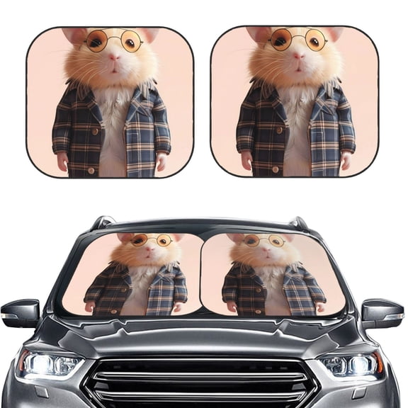 Picia Cute Mouse In Glasses 2 Piece Car Windshield Sun Shade Foldable | Foldable Sun Shield for Front Window Blocks UV Rays and Keeps Your Vehicle Cool-Small