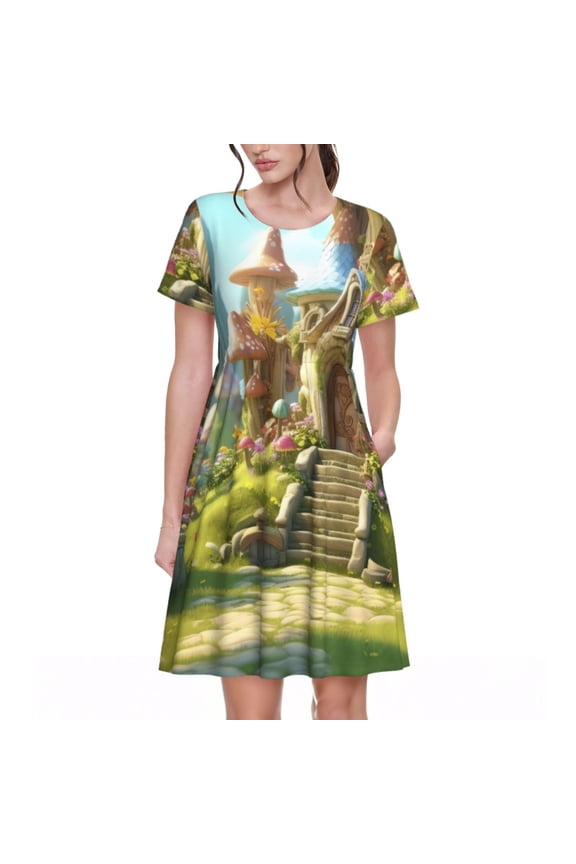 Cute Mushroom Town A Pattern Women's Short Sleeve Summer Dress Pleated Loose Swing Knee Length Short Sleeve Swing Dresses
