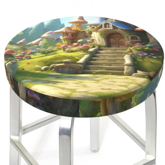 Picia Cute Mushroom Town A pattern Round Stool Covers Comfy Seat Covers Stretch Removable WashableChair Slipcover Round Bar Chair Cushion Cover-12 inch