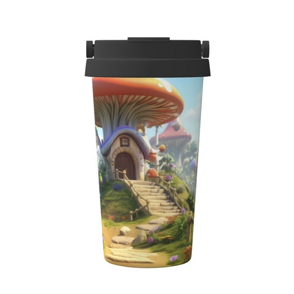 Picia Cute Mushroom Town Pattern 500ml Carry Insulated Coffee Mug, Stainless Steel Travel Mug with Hidden Handle, Leak-Proof for Car, Office, Home, and Outdoor Use