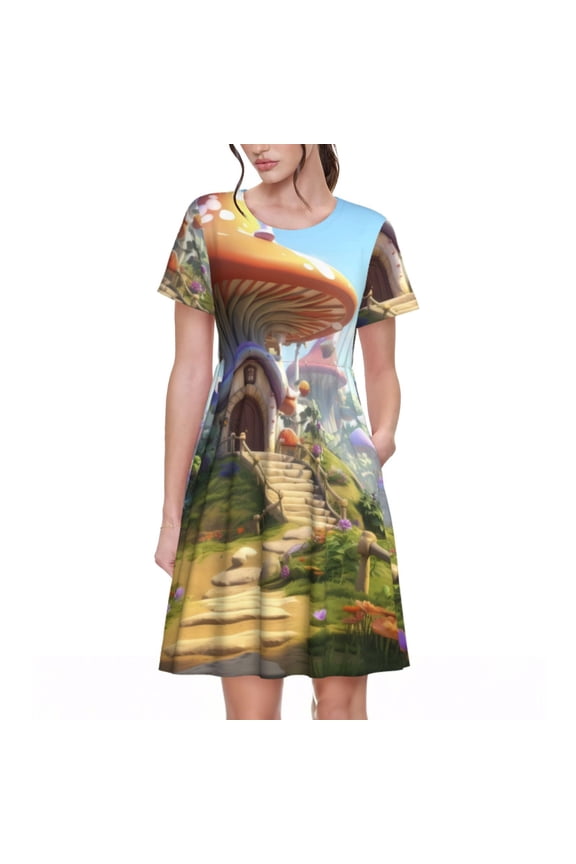Cute Mushroom Town Pattern Women's Short Sleeve Summer Dress Pleated Loose Swing Knee Length Short Sleeve Swing Dresses