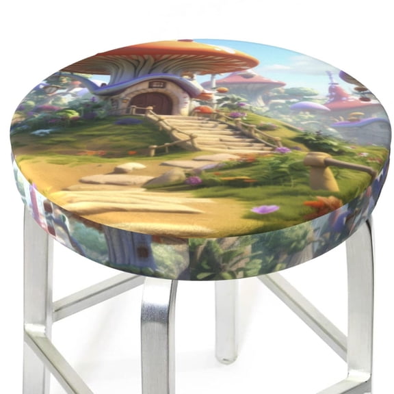 Picia Cute Mushroom Town pattern Round Stool Covers Comfy Seat Covers Stretch Removable WashableChair Slipcover Round Bar Chair Cushion Cover-13 inch