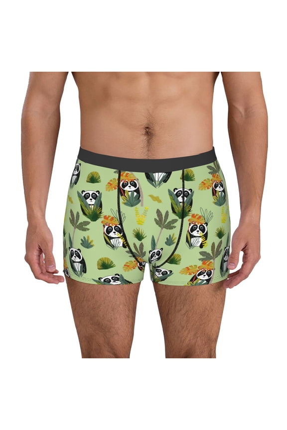 Cute Panda Bear In Greenery Forest Pattern Men’s Boxer Briefs – Soft & Breathable Underwear, Stretchy & Comfortable Fit, Supportive Pouch Design, Moisture-Wicking-XX-Large