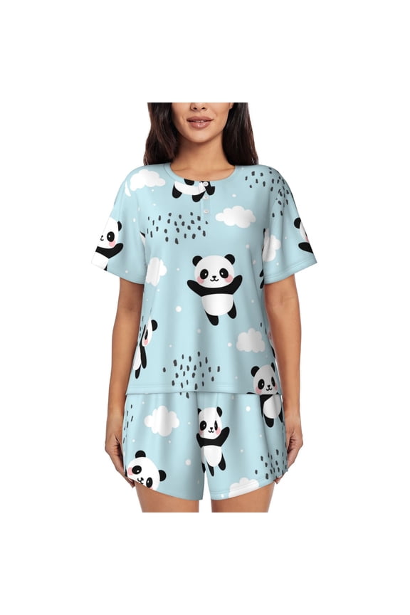 Cute Panda Bear Pajamas Sets for Women Soft Short-Sleeved Pjs with Lounge Shorts Two Piece Sleepwear-Medium