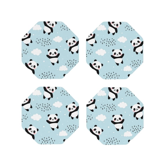 Picia Cute Panda Bear Printed Leather Coasters for Drinks, 4" Drink Coasters Set of 4 for Tabletop Protection, Handmade Luxurious Home Décor and Housewarming Gift -Octagon