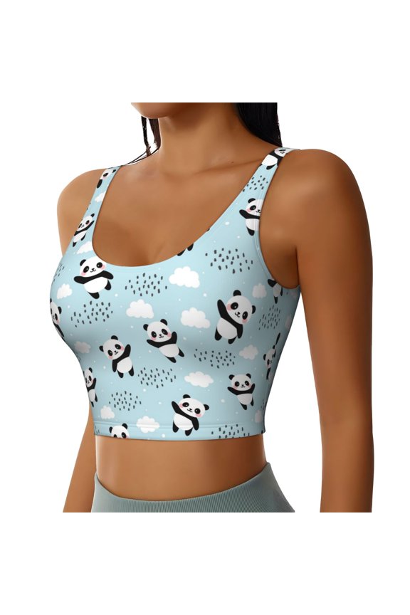 Cute Panda Bear Sports Bra for Women,Padded Strappy Sports Bras Medium Support Yoga Bra with Removable Cups,Running Yoga Bra-