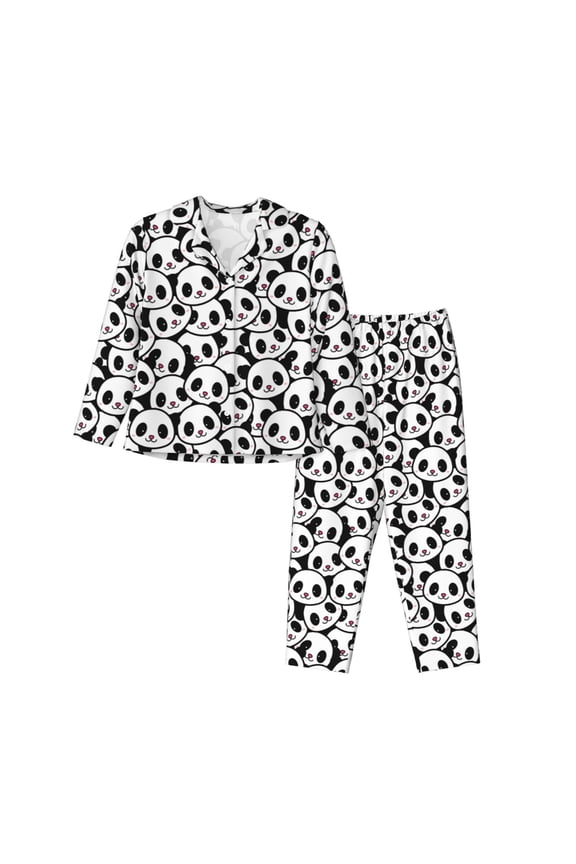 Cute Panda Face Pattern Women’s Long-Sleeve Sleepwear Set - Soft 2-Piece Loungewear with Pockets, Comfy PJs for Relaxing Nights-Large