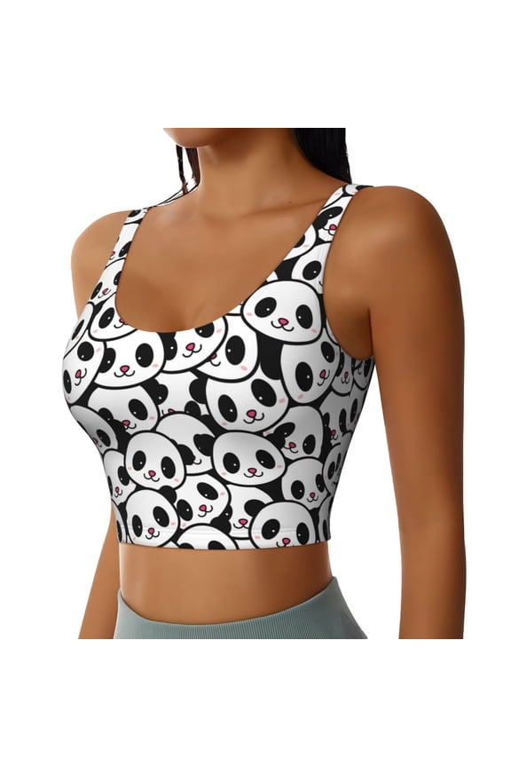 Cute Panda Face Sports Bra for Women,Padded Strappy Sports Bras Medium Support Yoga Bra with Removable Cups,Running Yoga Bra-Large