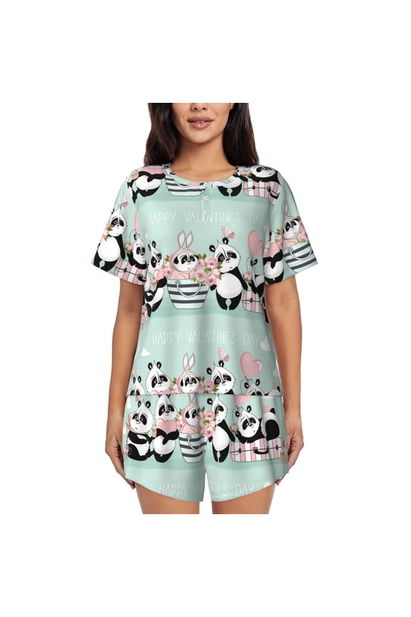 Cute Panda Pajamas Sets for Women Soft Short-Sleeved Pjs with Lounge Shorts Two Piece Sleepwear-3X-Large