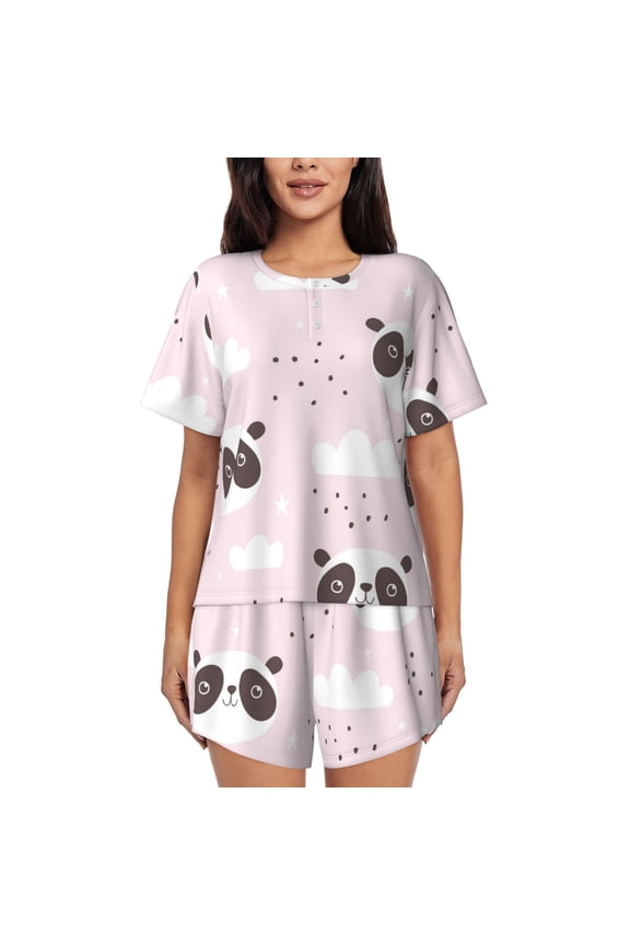 Cute Panda Pajamas Sets for Women Soft Short-Sleeved Pjs with Lounge Shorts Two Piece Sleepwear-Large