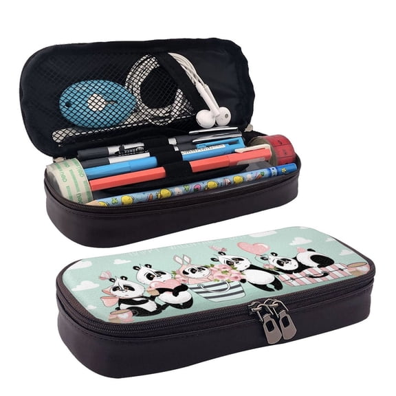 Picia Cute Panda Pattern Large Capacity PU Leather Pencil Case Organizer Pen Marker Holder Double Zipper Storage Bag Big Pencil Pouch for College Office