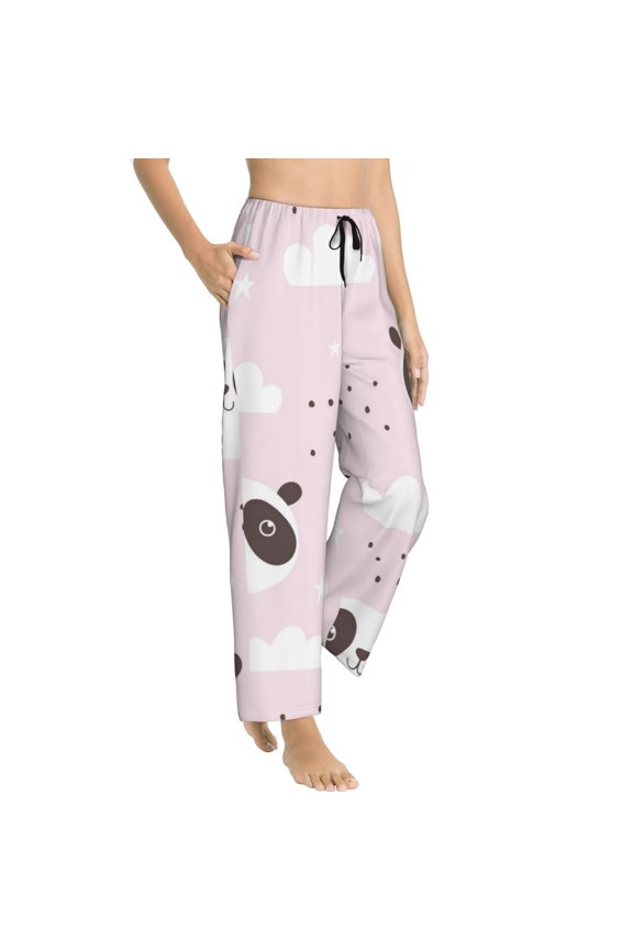 Cute Panda Womens Soft Woven Cotton Elastic Waistband Sleep Pajama Pant Lounge Sleep Pant With Pockets And Drawstring-Large