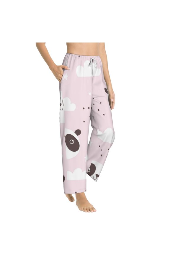 Cute Panda Womens Soft Woven Cotton Elastic Waistband Sleep Pajama Pant Lounge Sleep Pant With Pockets And Drawstring-Small