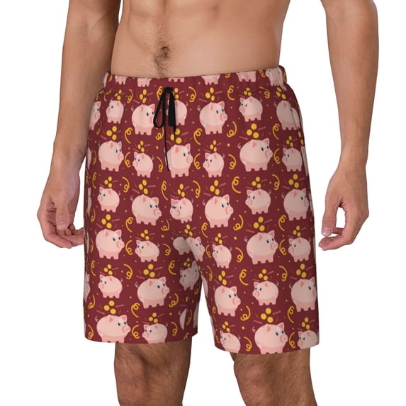 Picia Cute Pig with Coins pattern Mens Swim Trunks with Compression Liner Stretch Beach Shorts Quick Dry with Zipper Pockets No-Chafing Board Shorts-Medium