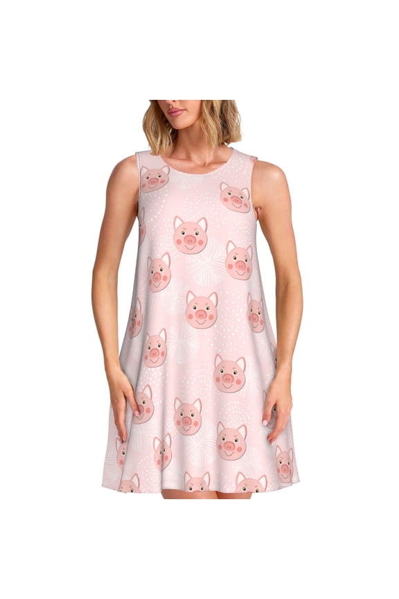 Cute Pig Face Print Women’s Sleeveless Midi Swing Dress – A-Line Pleated Tank Sundress, Comfortable and Flowy T-Shirt Dress