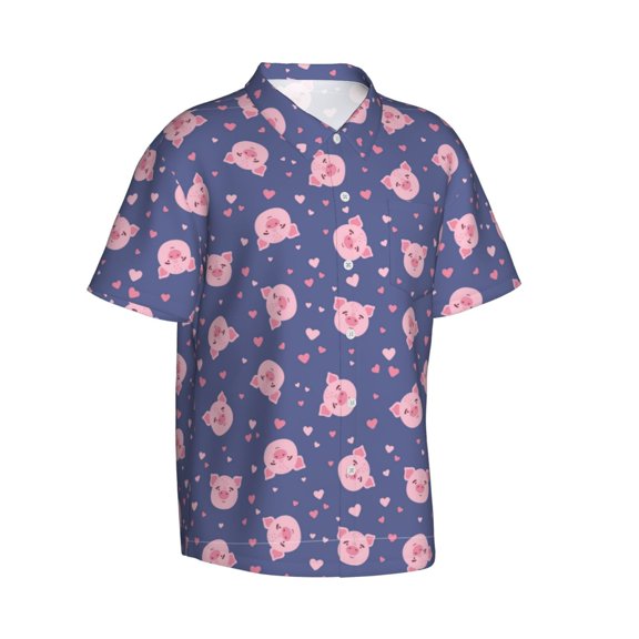 Picia Cute Pig Gentle Cotton Regular Fit Short Sleeve Casual Hawaiian Shirt for Men-Medium