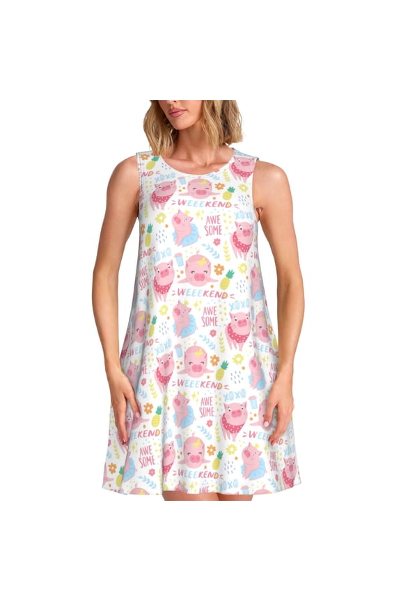Cute Pig Print Women’s Sleeveless Midi Swing Dress – A-Line Pleated Tank Sundress, Comfortable and Flowy T-Shirt Dress
