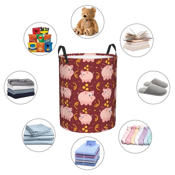Picia Cute Pig with Coins Large Laundry Basket, Waterproof, Freestanding Laundry Hamper, Collapsible Tall Clothes Hamper with Extended Handles-Small
