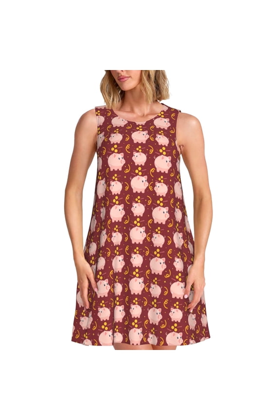 Cute Pig with Coins Print Women’s Sleeveless Midi Swing Dress – A-Line Pleated Tank Sundress, Comfortable and Flowy T-Shirt Dress
