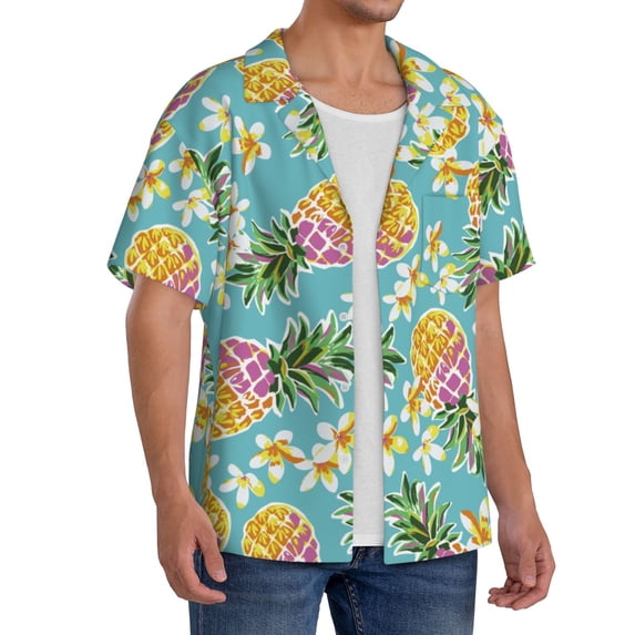 Picia Cute Pineapples Men's Linen Shirts Short Sleeve Cuban Beach Shirts Casual Shirts Button Down Shirt for Men Beach Summer Wedding Shirt-3X-Large
