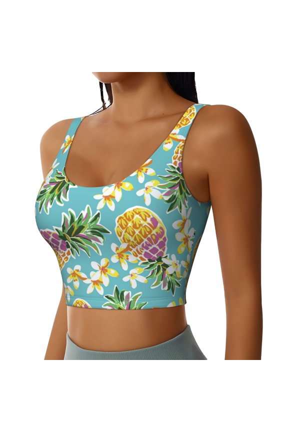 Cute Pineapples Sports Bra for Women,Padded Strappy Sports Bras Medium Support Yoga Bra with Removable Cups,Running Yoga Bra-Large