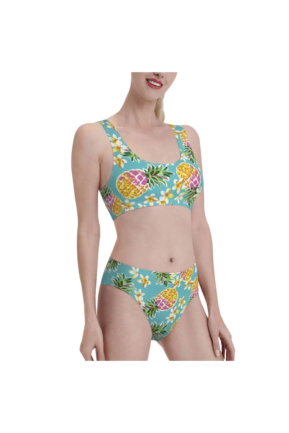 Cute Pineapples Women's High Waisted Bikini Scoop Neck Swimsuit Two Pieces Bathing Suit-Medium