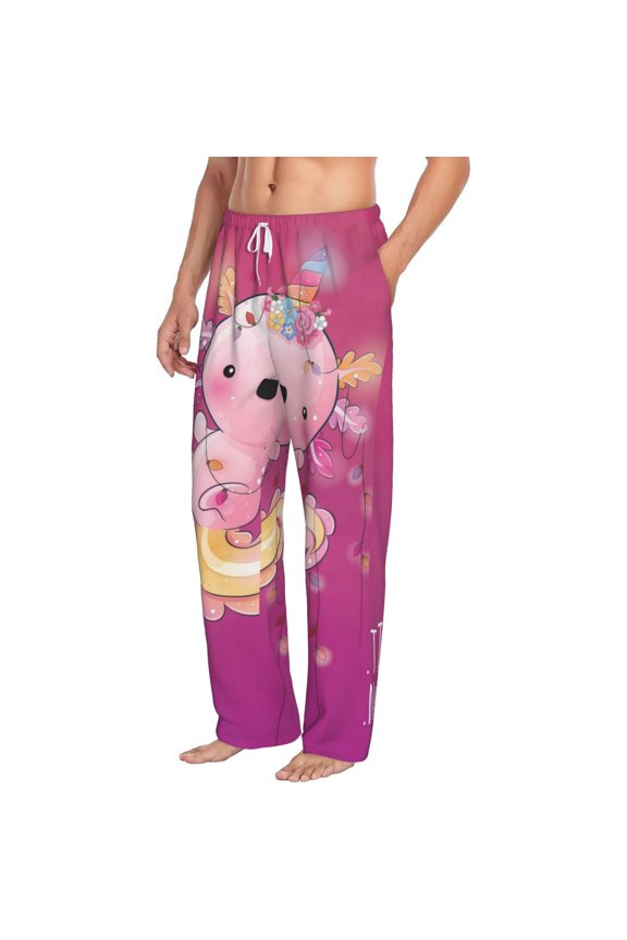 Cute Pink Axolotl A Mens Soft Woven Cotton Elastic Waistband Sleep Pajama Pant Lounge Sleep Pant With Pockets And Drawstring-Large