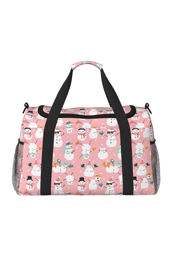 Cute Pink Snowman Cat Print Travel Duffle Bag,Weekender Bags for Women with Shoe Compartment, Gym Duffel Bag with Wet Pocket, Hospital Bags for Labor and Delivery