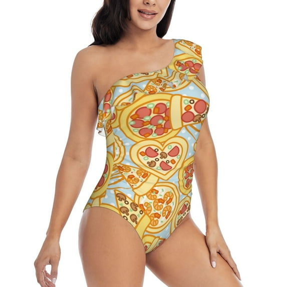 Picia Cute Pizza In Various Pattern Women's One Piece Swimsuits,One Shoulder Swimwear Asymmetric ,Ruffle Monokinis Bathing Suits,High Waisted Flattering Bathing Suits-XX-Large