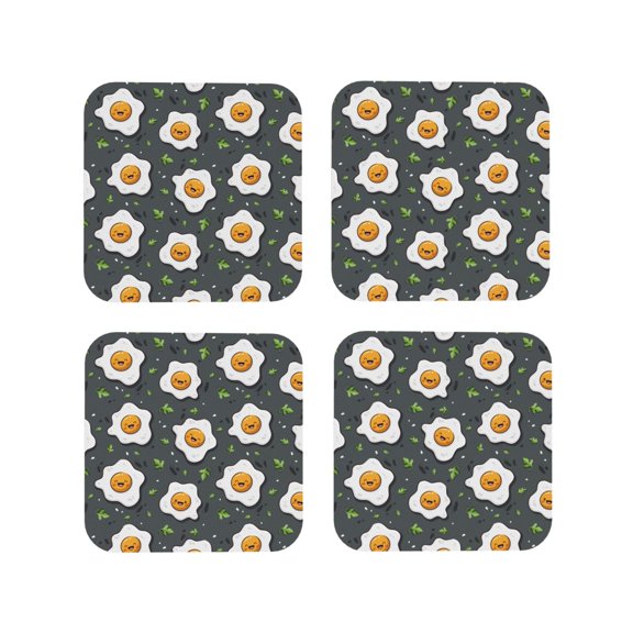 Picia Cute Poached Eggs Printed Leather Coasters for Drinks, 4" Drink Coasters Set of 4 for Tabletop Protection, Handmade Luxurious Home Décor and Housewarming Gift -Square