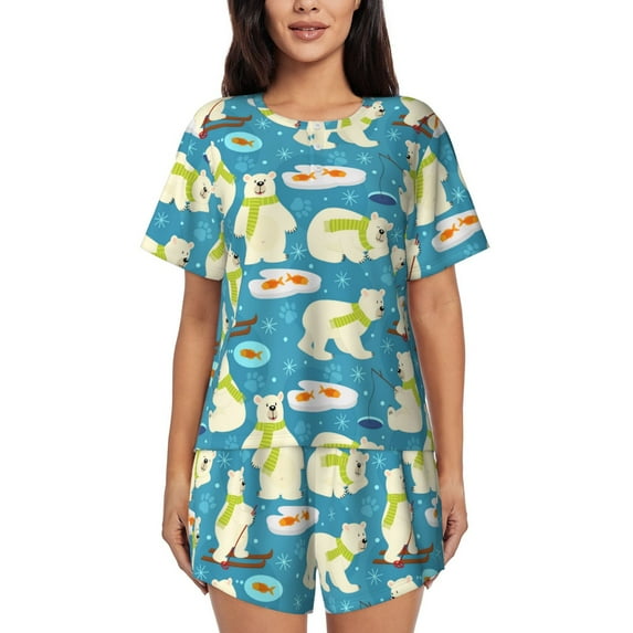 Picia Cute Polar Bear Fishing Pajamas Sets for Women Soft Short-Sleeved Pjs with Lounge Shorts Two Piece Sleepwear-X-Large