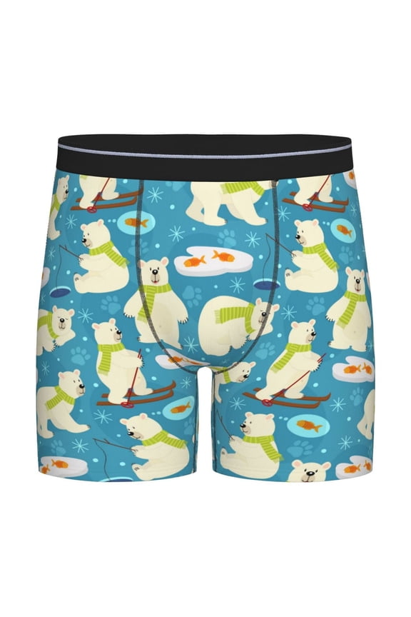 Cute Polar Bear Fishing Pattern Men's Athletic Long Leg Briefs , Performance Stretch Underwear,Moisture-Wicking
