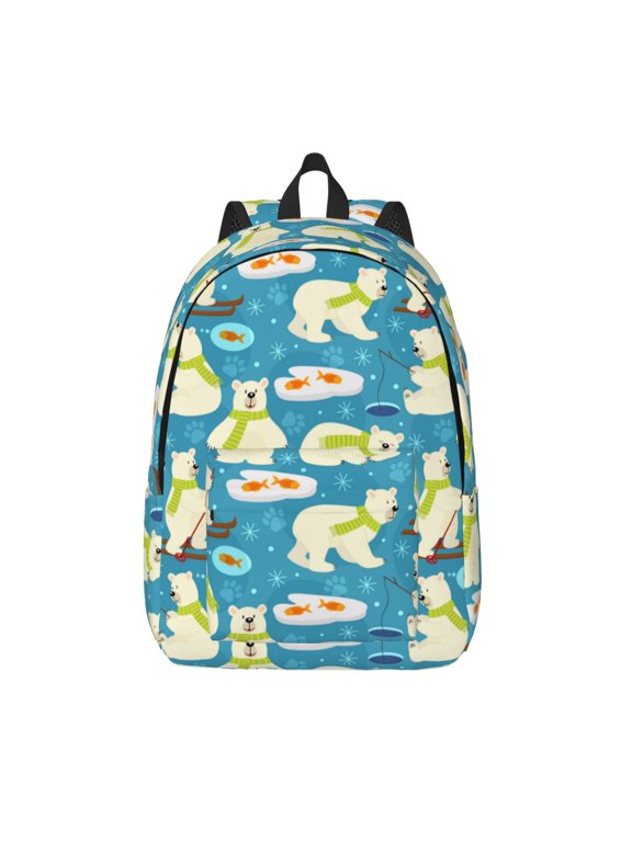 Cute Polar Bear Fishing Printed Canvas Daypack - Stylish and Durable Vintage Compact Backpack - Class, Work, Travel, or Laptop Bookbag,Organized Compartments-Small
