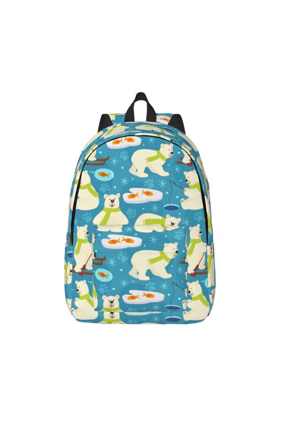 Cute Polar Bear Fishing Printed Canvas Daypack - Stylish and Durable Vintage Compact Backpack - Class, Work, Travel, or Laptop Bookbag,Organized Compartments-Small
