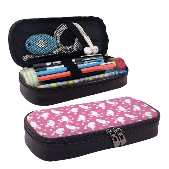 Picia Cute Poodle Dog Pattern Large Capacity PU Leather Pencil Case Organizer Pen Marker Holder Double Zipper Storage Bag Big Pencil Pouch for College Office